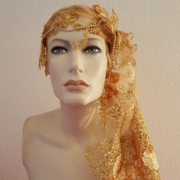 Gold & Ivory Lace Crystal Headpiece & Choker